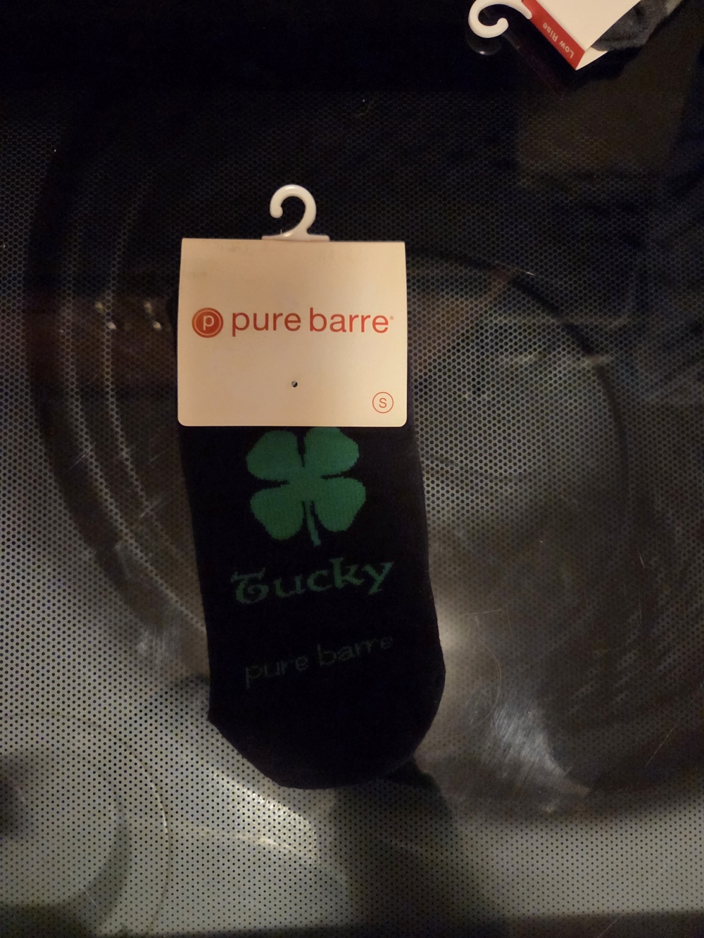SMALL NWT Pure Barre Black Socks with Green Clover and "Lucky" Text
